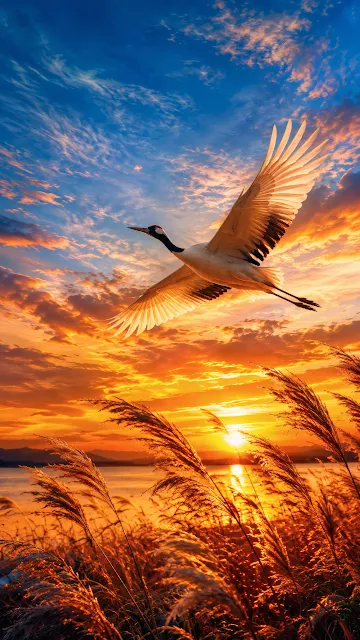 Majestic red-crowned crane soaring mid-air over a golden wetland reed marsh during a vivid sunset with dramatic clouds.