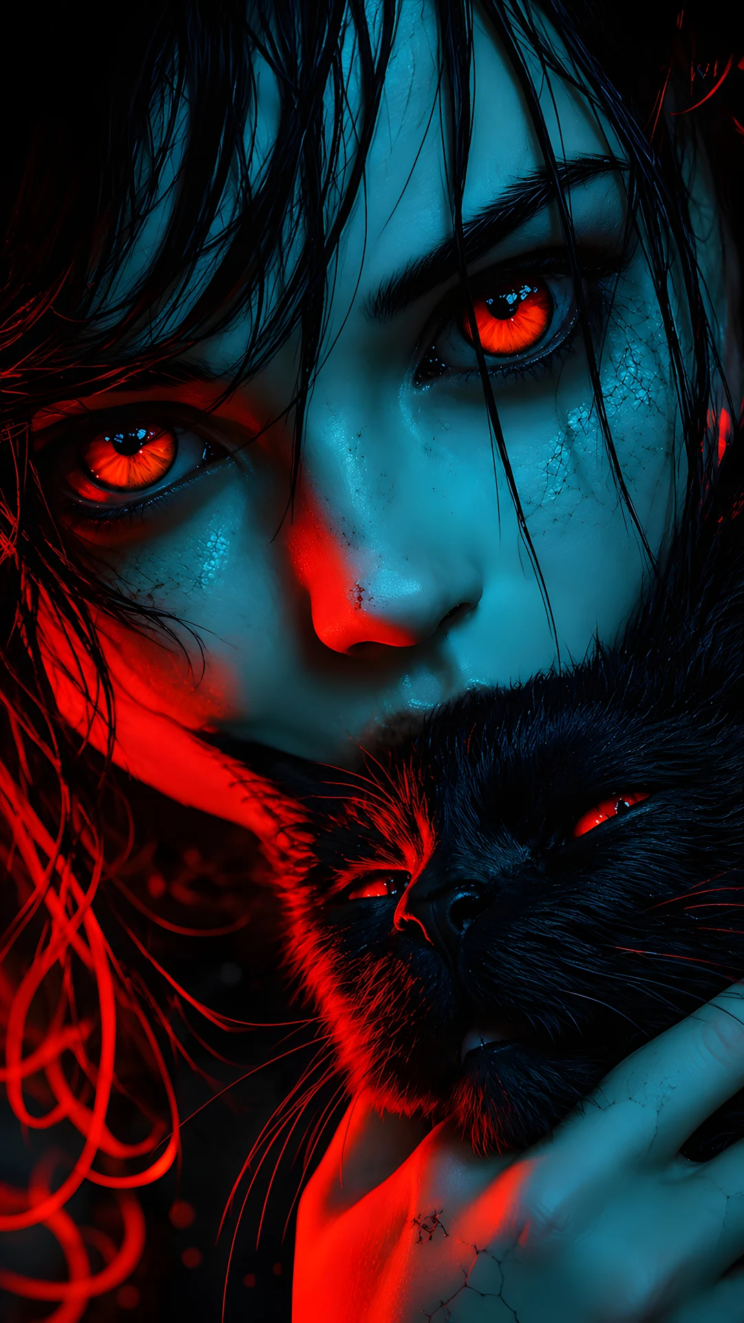 Red Eyed Woman Holding Black Cat - Free 4K mobile Wallpaper