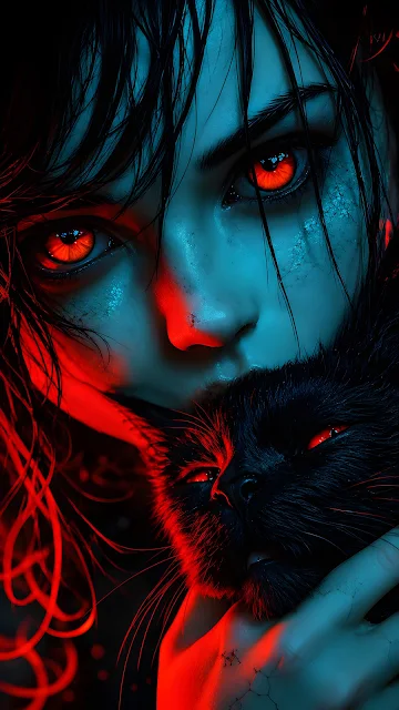 Close portrait of a red-eyed woman holding a black cat under vivid cyan and crimson lighting.