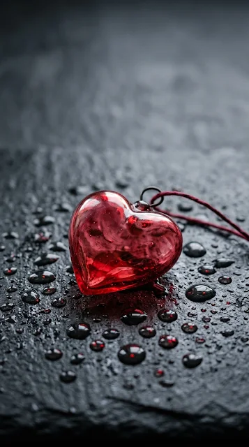 Red Glass Heart with Dewdrops on Minimal Dark Grey Surface - Free 4K & 8K mobile Wallpaper