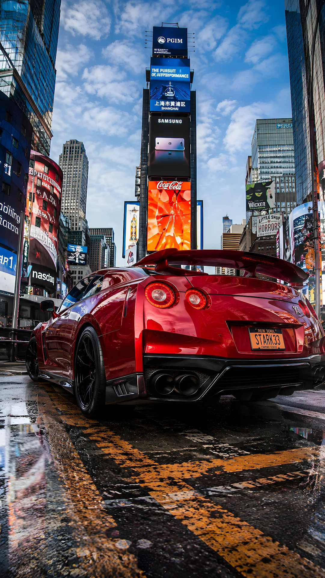 Red high-performance sports car parked in modern city center - Free 4K mobile Wallpaper