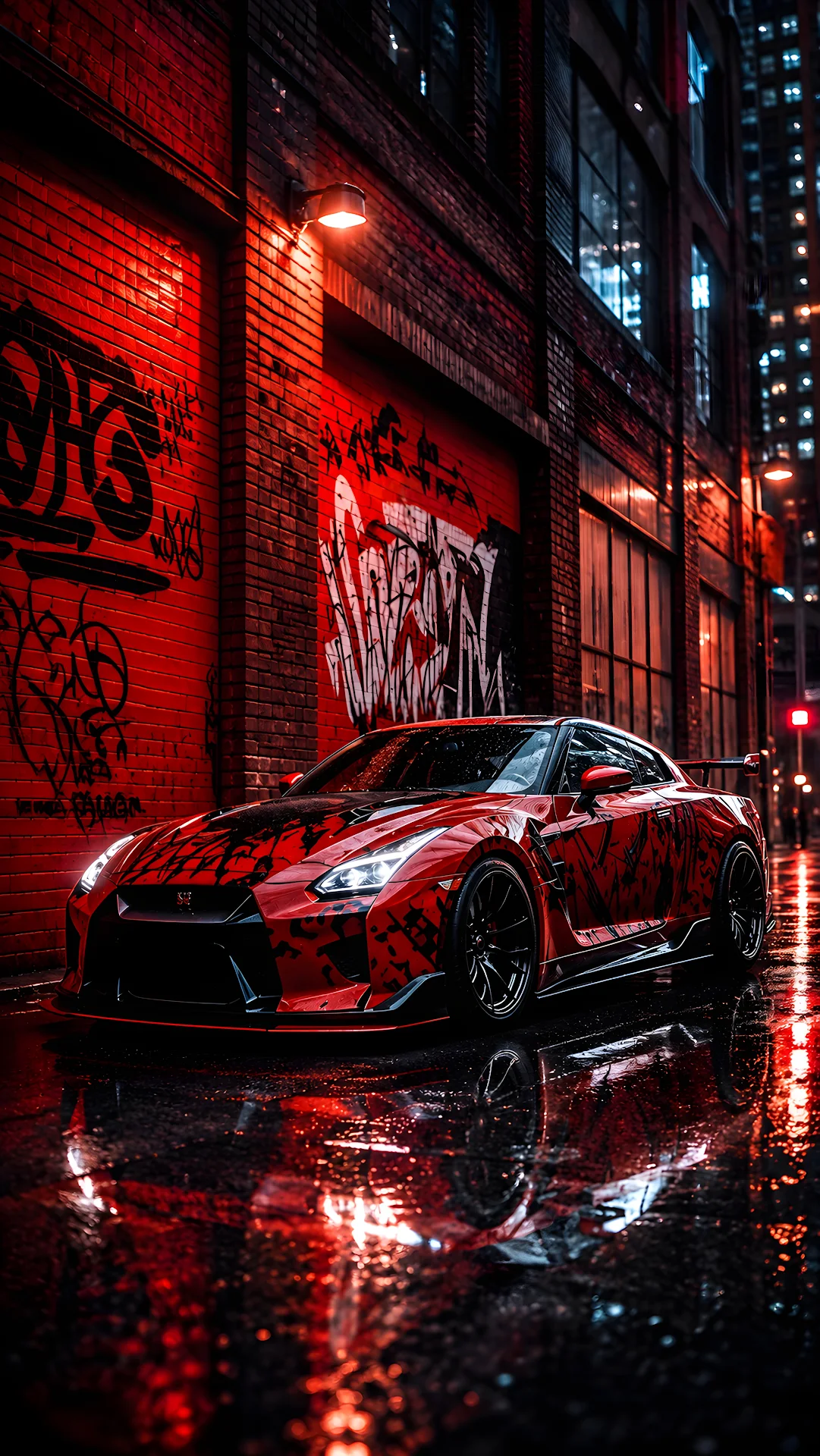 Red high performance sports car parked in wet alleyway - Free 4K mobile Wallpaper