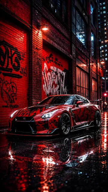 Red high-performance sports car with black livery parked on wet asphalt in a brick alley illuminated by red neon street lights.