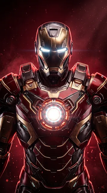 Red High-Tech Superhero Armor with Glowing Arc Reactor - Free 4K & 8K mobile Wallpaper