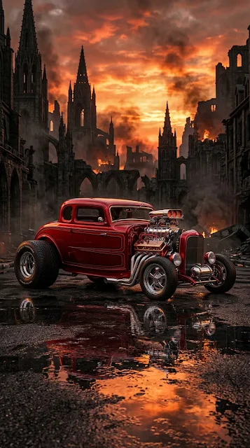 Red Hot Rod Car in Post-Apocalyptic City Ruins at Sunset - Free 4K & 8K mobile Wallpaper