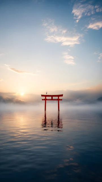 A traditional red wooden Japanese torii gate with a bird perched atop, standing in calm water during a misty sunrise.