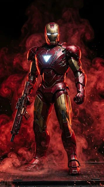 A front portrait of a red and gold high-tech armored suit with glowing eyes and chest piece, surrounded by thick red smoke.