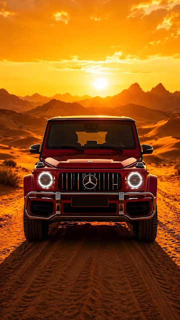 A straight-on shot of a red luxury four-wheel-drive SUV parked on a sandy desert track with sand dunes and mountains under a warm sunset.