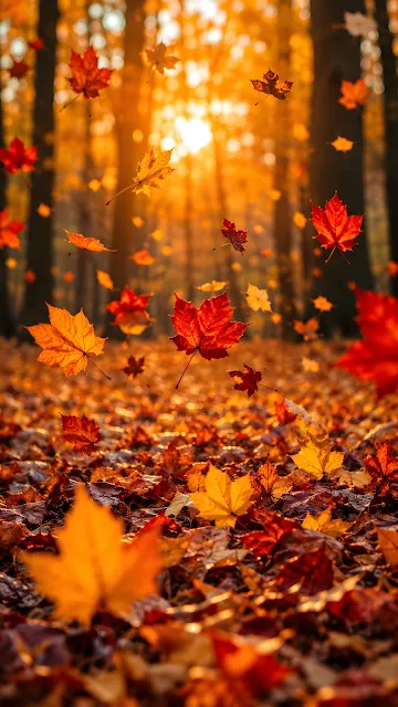 Dozens of vibrant orange and red maple leaves falling in mid-air above a forest floor covered in golden foliage.