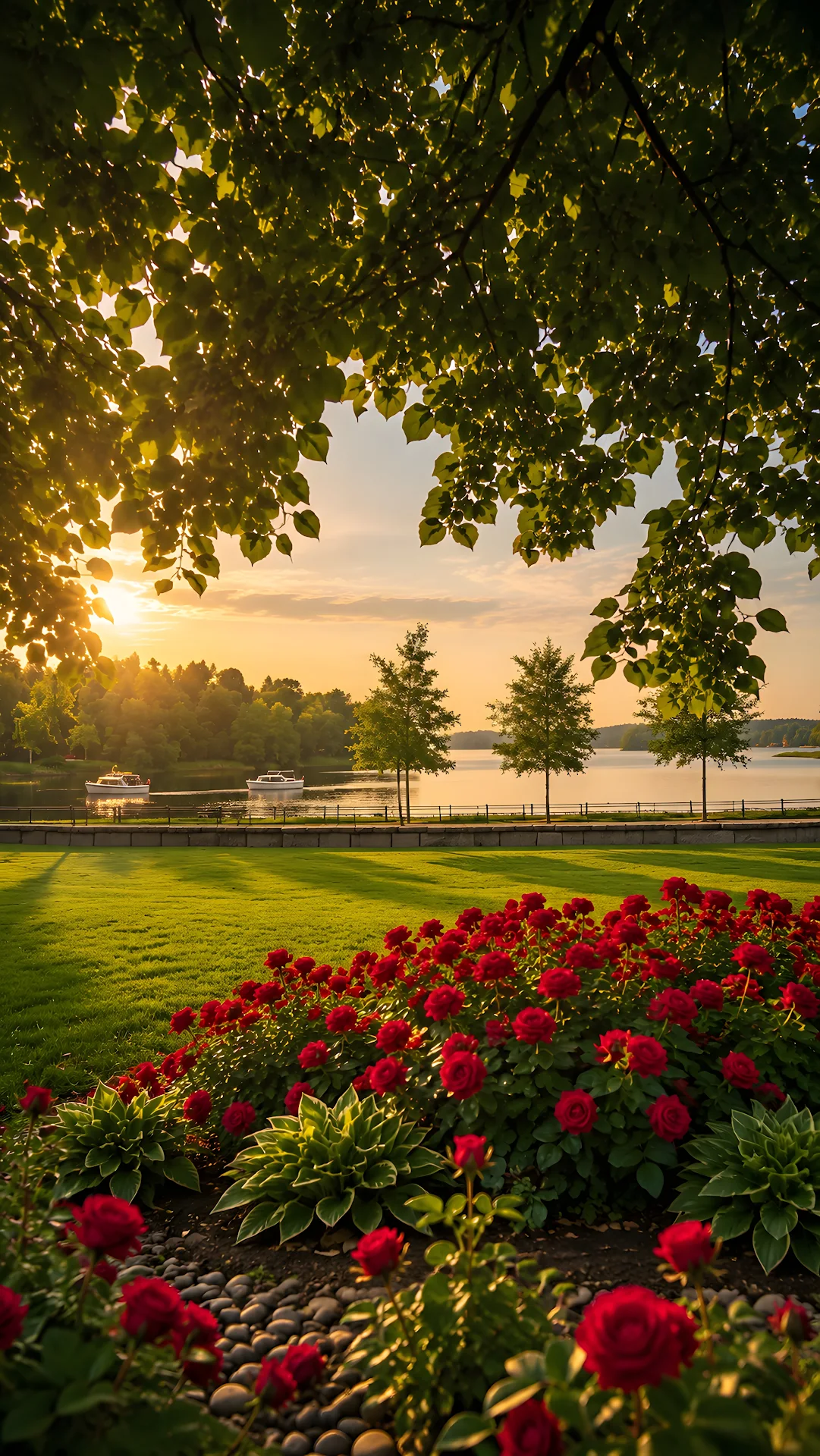 Red rose garden near lake at sunset in park - Free 4K mobile Wallpaper