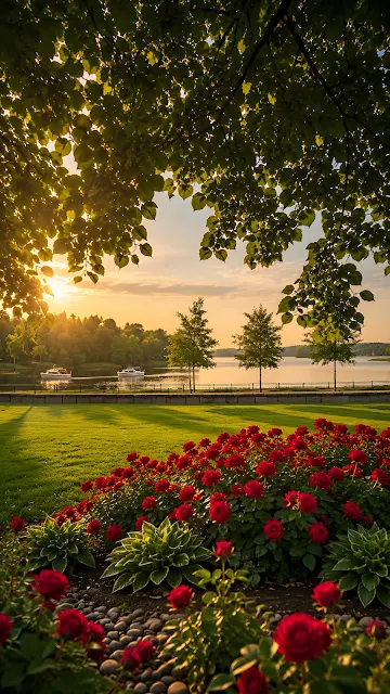 Red roses in a lush green park overlooking a serene lake with boats during golden hour sunset.