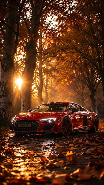 Bright red luxury sports car parked on a wet tree-lined road covered in fallen autumn leaves at golden hour.