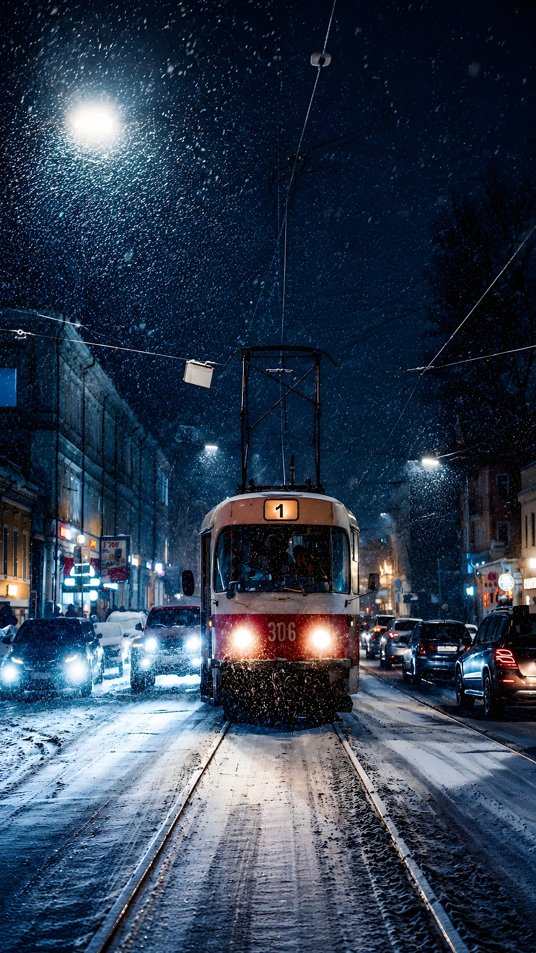 Red urban streetcar traveling down snow-covered tracks during a night snowstorm - Free 4K mobile Wallpaper
