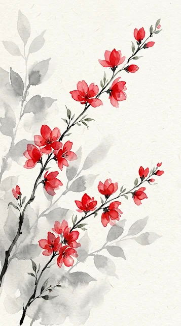 Red Watercolor Botanical Illustration in Minimalist Ink Style - Free 4K & 8K mobile Wallpaper