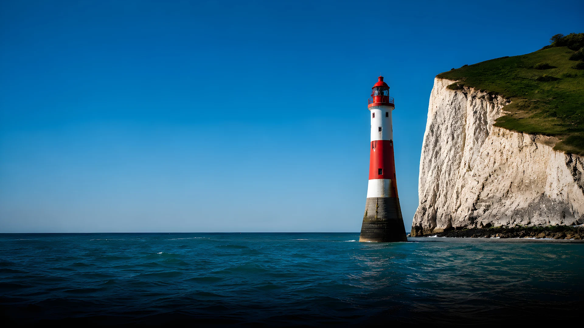 Red and White Lighthouse by Majestic Chalk Cliffs Desktop Wallpaper - Free 4K desktop Wallpaper