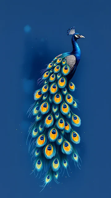 An illustrated peacock with detailed blue and gold plumage perched against a solid deep blue background.