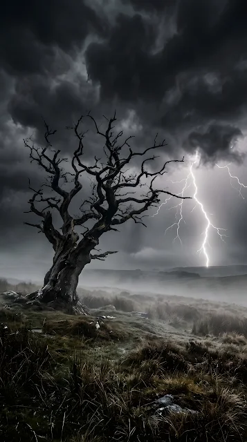 Resilient Ancient Tree in a Foggy Meadow Under Thunderous Sky - Free mobile Wallpaper