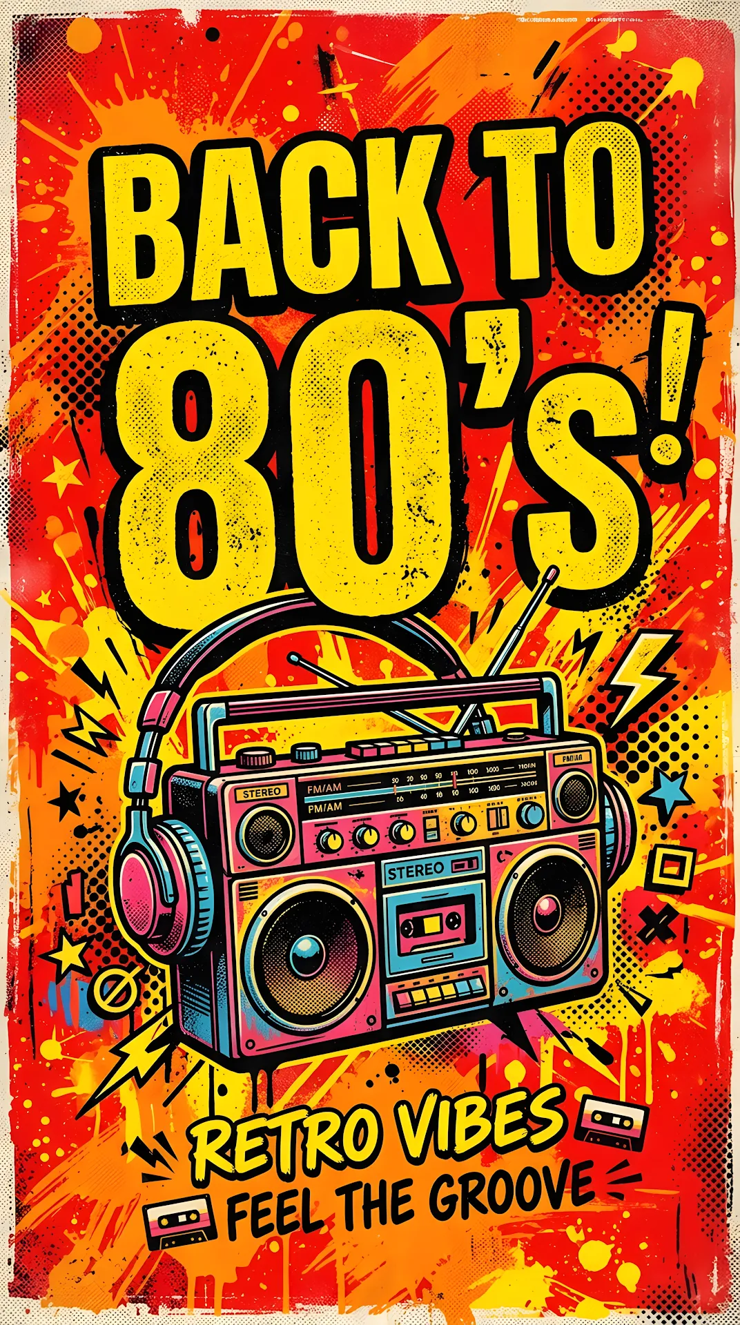 Retro 80s Boombox and Headphones Typography Poster - Free 4K mobile Wallpaper