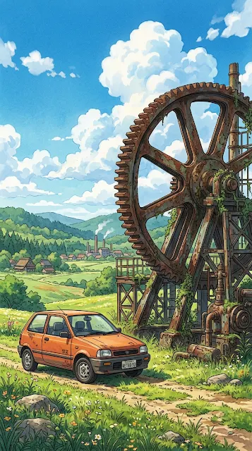 Retro Anime Orange Hatchback Parked by Colossal Rusty Gear - Free 4K & 8K mobile Wallpaper