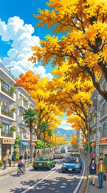 Retro Anime Style City Street with Golden Autumn Trees and Cars - Free 4K & 8K mobile Wallpaper
