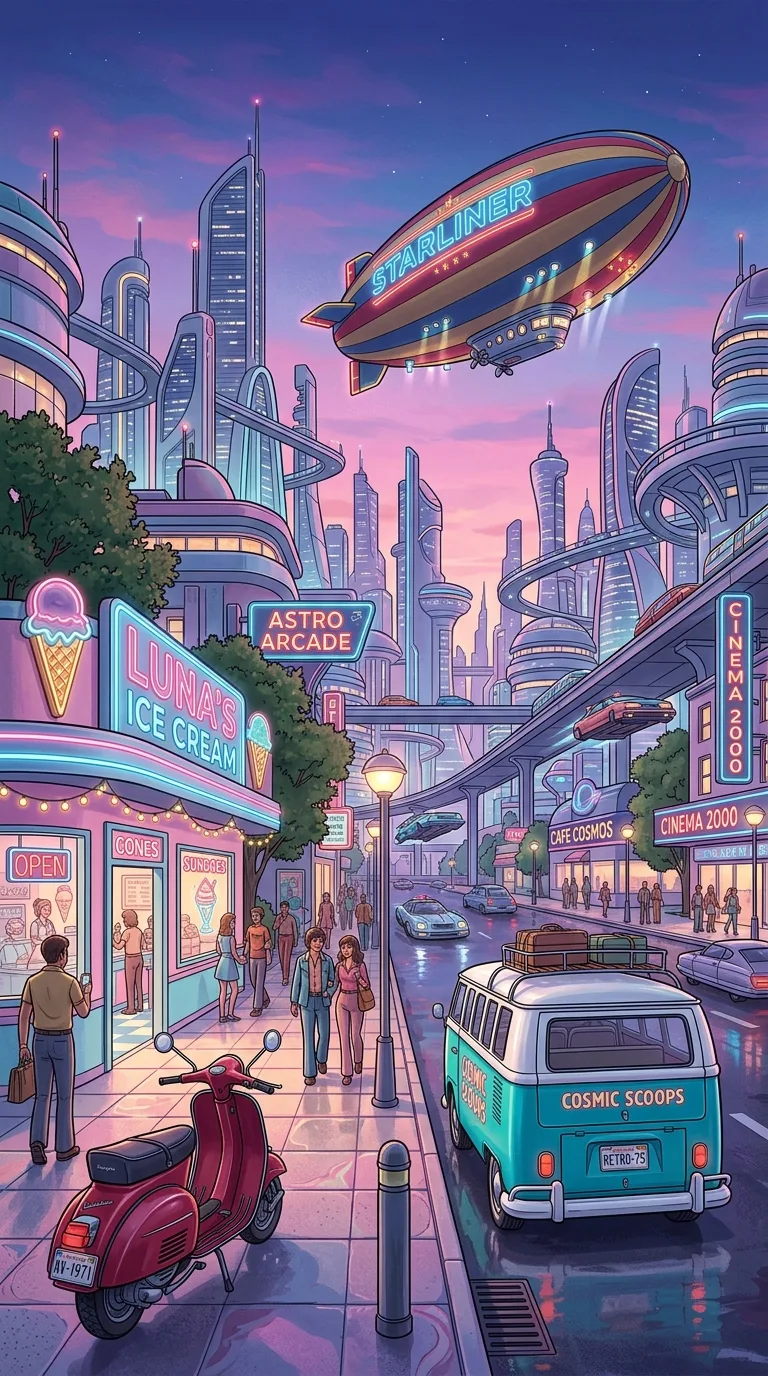 Download Retro-Futuristic 1970s City with Ice Cream Parlor and Blimp Wallpaper in 4K UHD Retro-Futuristic 1970s City with Ice Cream Parlor and Blimp - Free 8K and 4K mobile Wallpaper Background