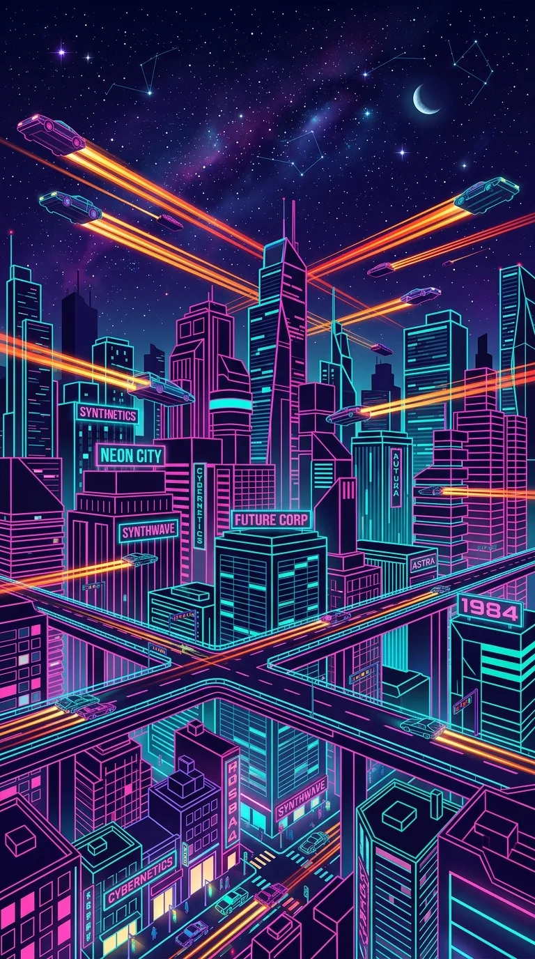 Download Retro-Futuristic 1980s Sci-Fi City with Neon Skyscrapers and Flying Cars Wallpaper in 4K UHD Retro-Futuristic 1980s Sci-Fi City with Neon Skyscrapers and Flying Cars - Free 8K and 4K mobile Wallpaper Background