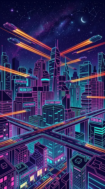 Retro-Futuristic 1980s Sci-Fi City with Neon Skyscrapers and Flying Cars - Free 4K & 8K mobile Wallpaper