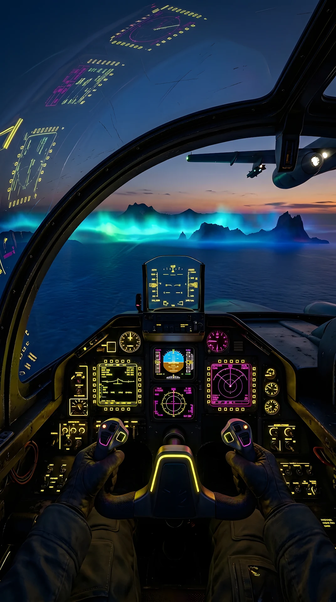 Retro-Futuristic Aircraft Cockpit Overlooking an Alien Ocean - Free 4K mobile Wallpaper