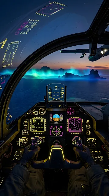 Retro-Futuristic Aircraft Cockpit Overlooking an Alien Ocean - Free mobile Wallpaper