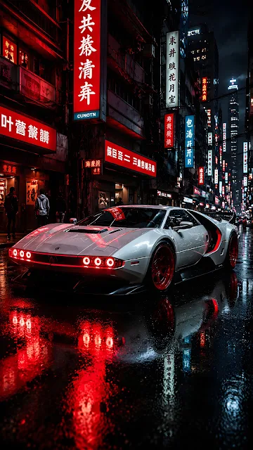 White retro-futuristic coupe with red lights sits on a rain-slick neon street at night.