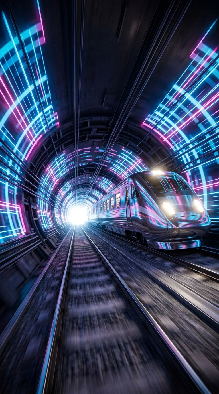 Download Retro-Futuristic Metallic Train Speeding Through Neon Grid Tunnel Wallpaper in 4K UHD Retro-Futuristic Metallic Train Speeding Through Neon Grid Tunnel - Free 8K and 4K mobile Wallpaper Background