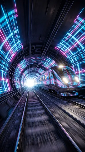 Retro-Futuristic Metallic Train Speeding Through Neon Grid Tunnel - Free 4K & 8K mobile Wallpaper