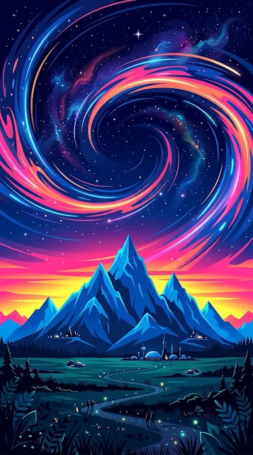 Retro Futuristic Mountain Sunset with Cosmic Ring - Free 4K & 8K mobile Wallpaper