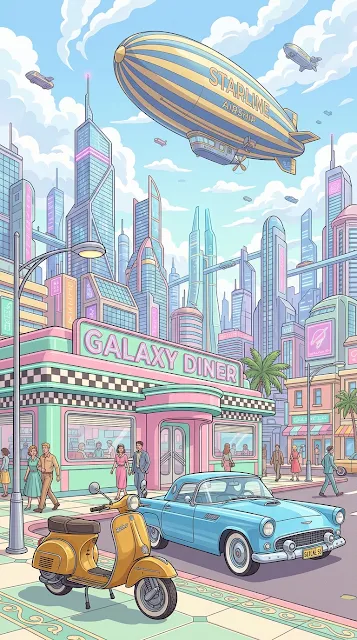 Retro-Futuristic Street Scene with Diner and Flying Dirigible - Free 4K & 8K mobile Wallpaper