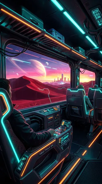 Retro-Futuristic Train Interior Overlooking a Surreal Desert Sunset - Free 4K & 8K mobile Wallpaper