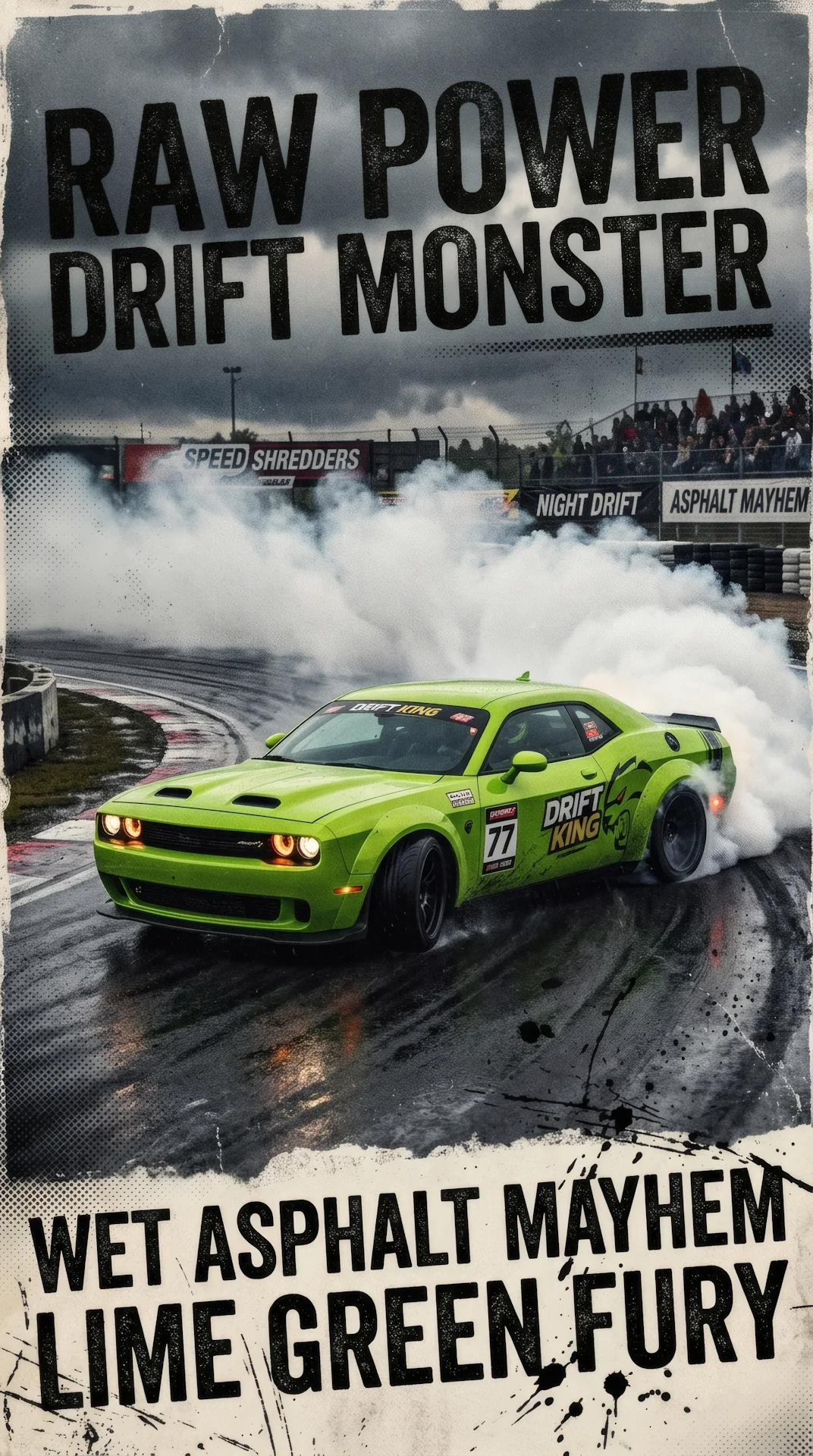 Retro Green Muscle Car Drift Grunge Graphic 4K Wallpaper - Free 4K mobile Wallpaper