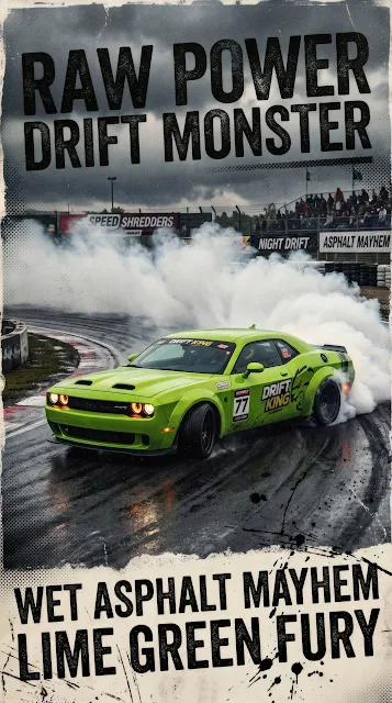 Lime green muscle car drifting on asphalt with tire smoke and retro distressed typography grunge poster styling.