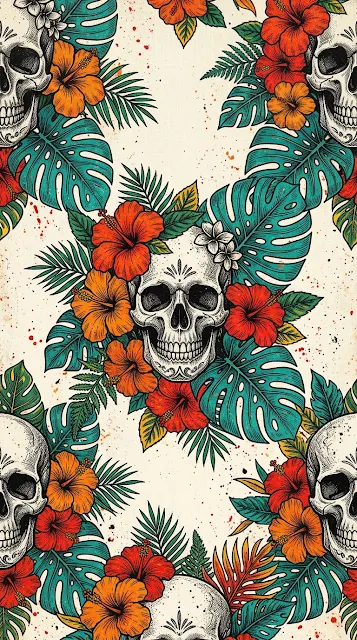 Retro Hawaiian Seamless Pattern with Skulls and Hibiscus Flowers - Free 4K & 8K mobile Wallpaper