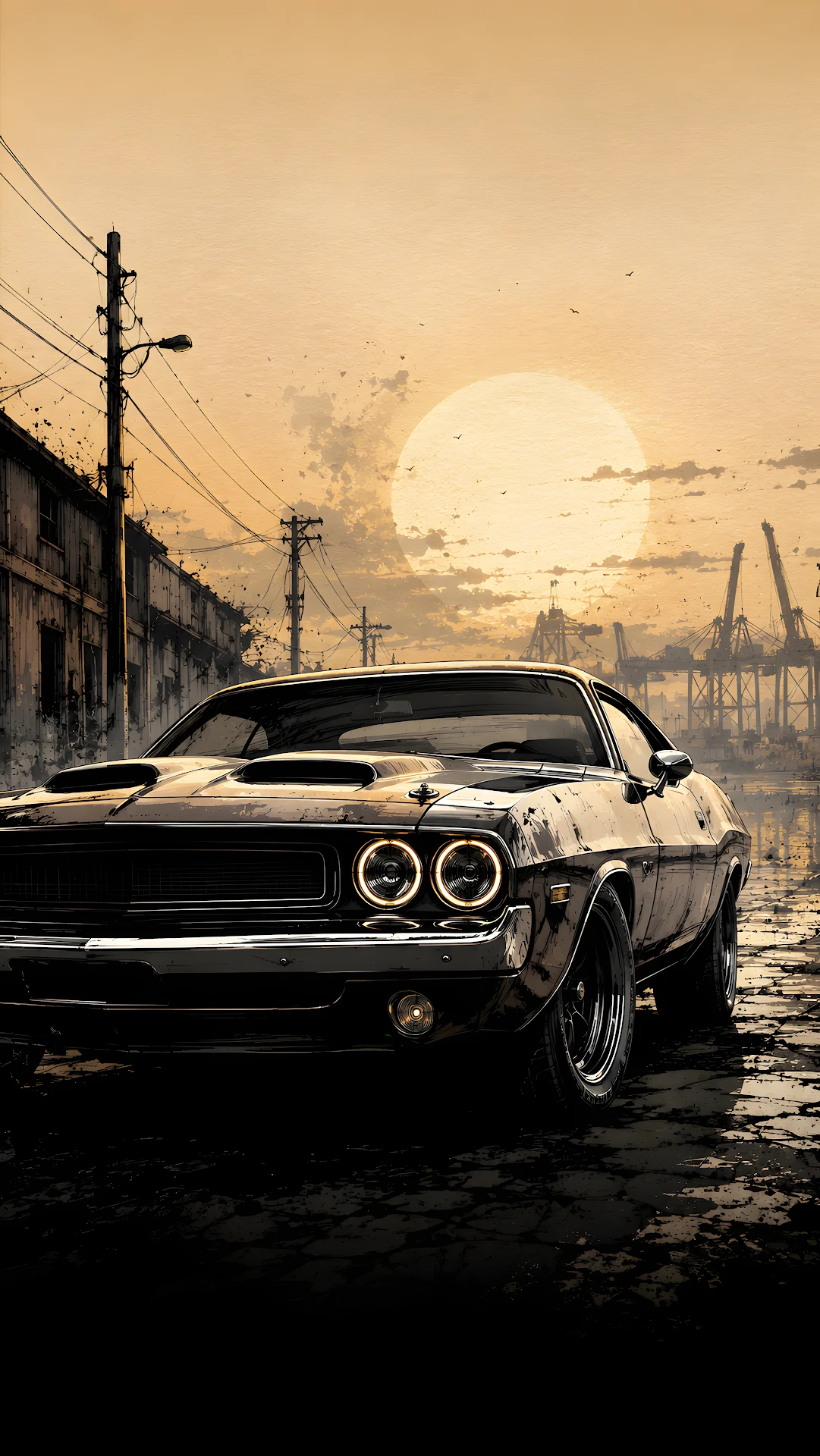 Retro Muscle Car in Moody Industrial Landscape Wallpaper - Free 4K mobile Wallpaper
