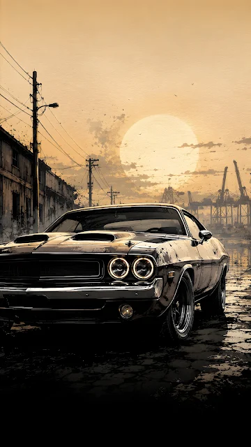 Monochrome ink illustration of a muscle car facing forward, parked on a cracked street with an industrial, smoky construction backdrop.