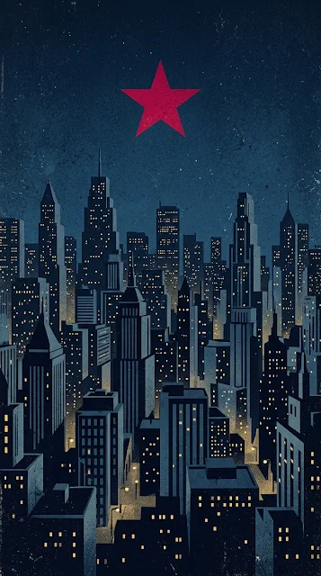 Retro Noir City Skyline with Vibrant Red Star and Textured Sky - Free 4K & 8K mobile Wallpaper