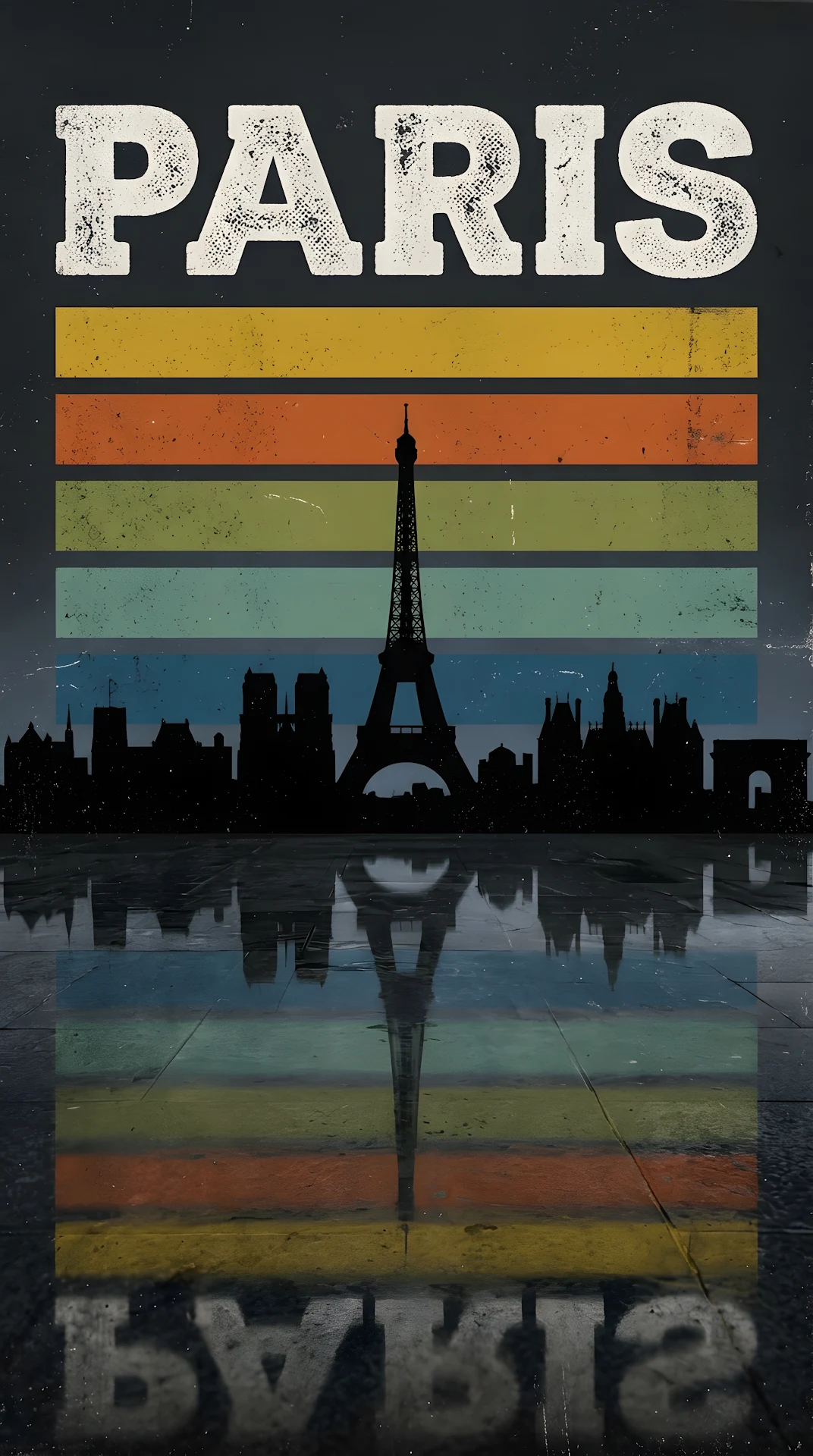 Retro Paris Skyline Silhouette with Distressed Typography - Free 4K mobile Wallpaper