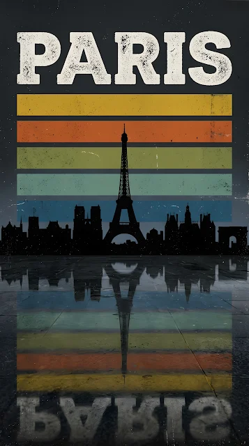 Retro Paris Skyline Silhouette with Distressed Typography - Free mobile Wallpaper
