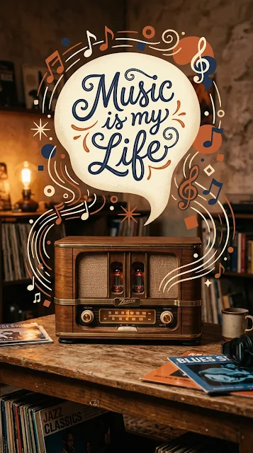Retro Radio with 'Music is my Life' Decorative Typography - Free 4K & 8K mobile Wallpaper