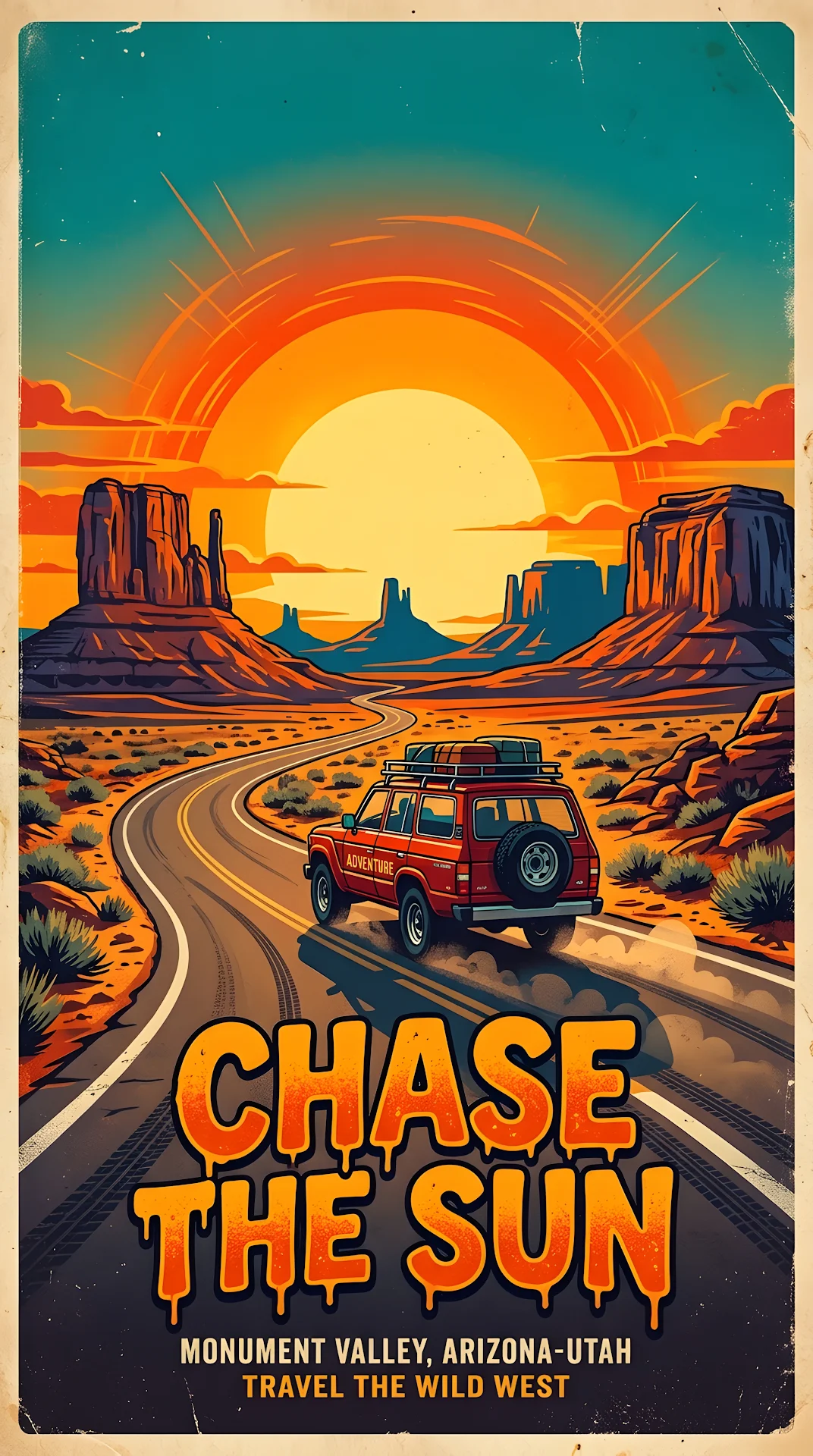 Retro Road Trip Illustration with Red SUV and 'CHASE THE SUN' Typography - Free 4K mobile Wallpaper