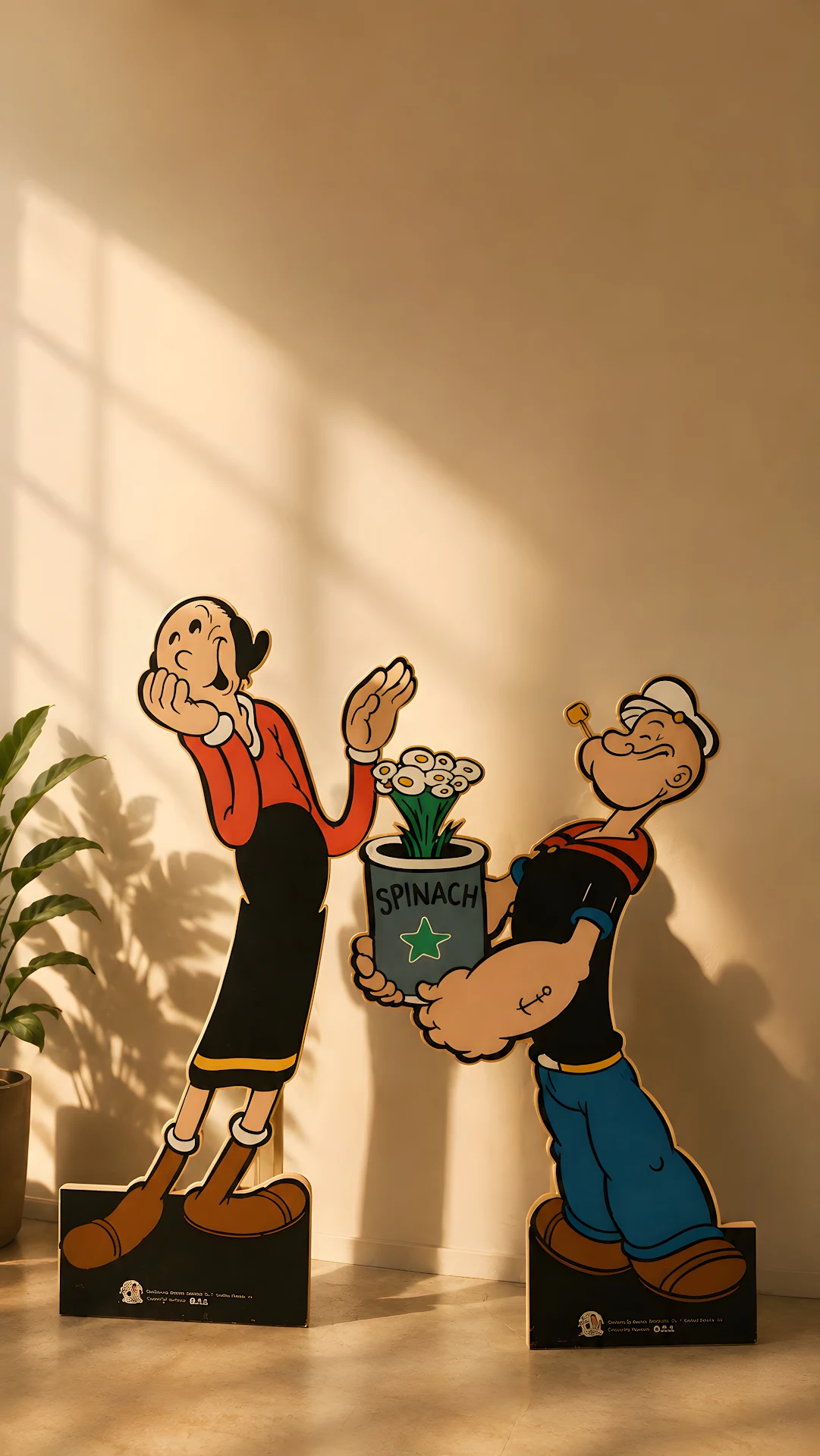 Retro sailor cartoon cutouts holding spinach can in warm room - Free 4K mobile Wallpaper