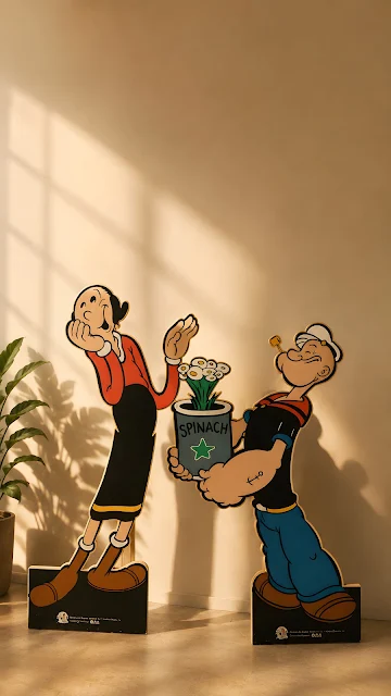 Two vintage-style cartoon character cutouts standing in a sunlit room, one holding a potted flower in a spinach tin.