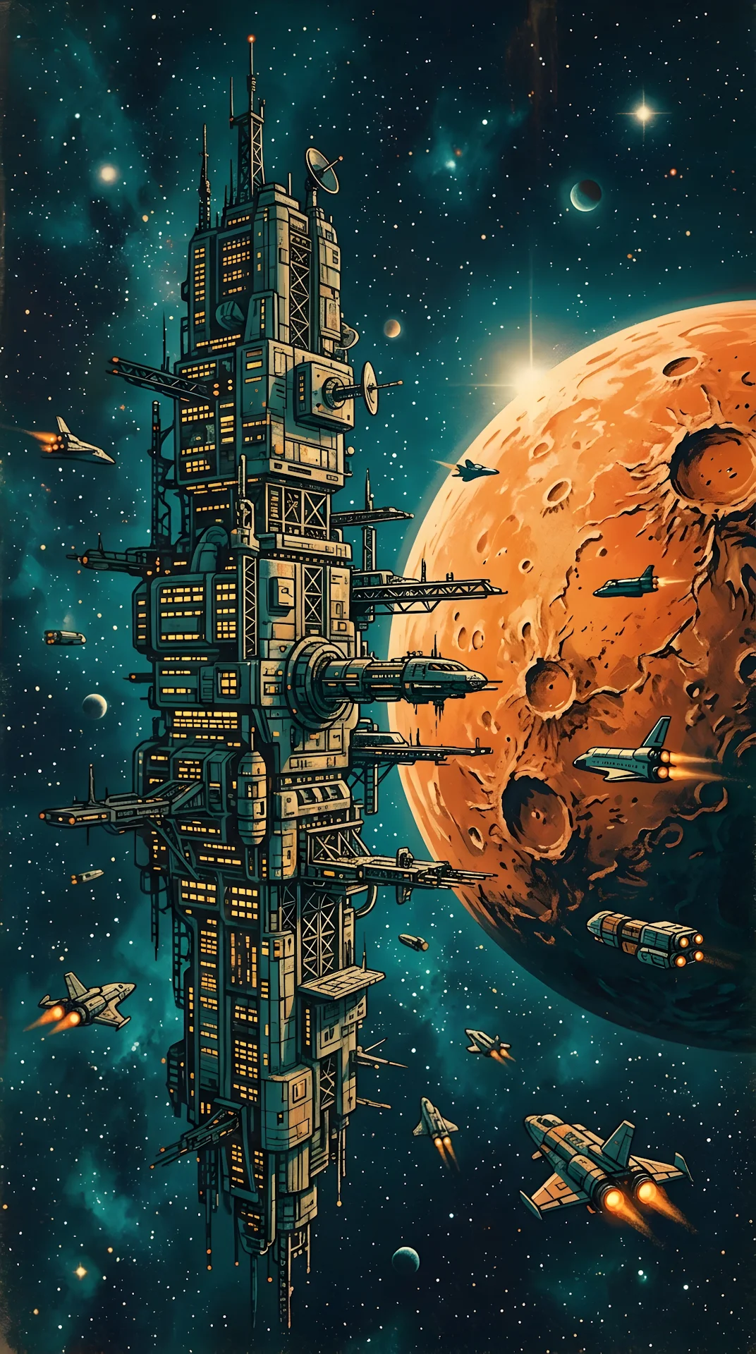 Retro Sci-Fi Digital Illustration of a Massive Space Station and Distant Moon - Free 4K mobile Wallpaper