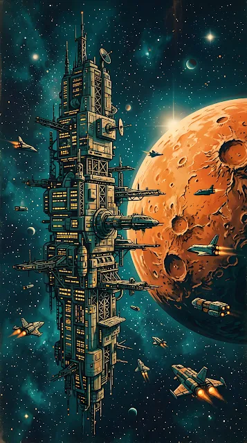 Retro Sci-Fi Digital Illustration of a Massive Space Station and Distant Moon - Free mobile Wallpaper