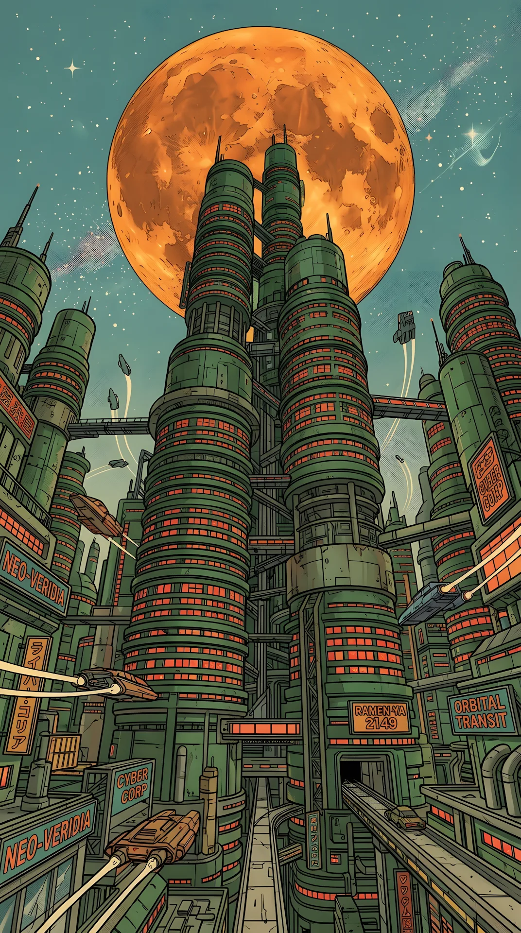 Retro Sci-Fi Green Towers and Giant Orange Moon Illustration - Free 4K mobile Wallpaper